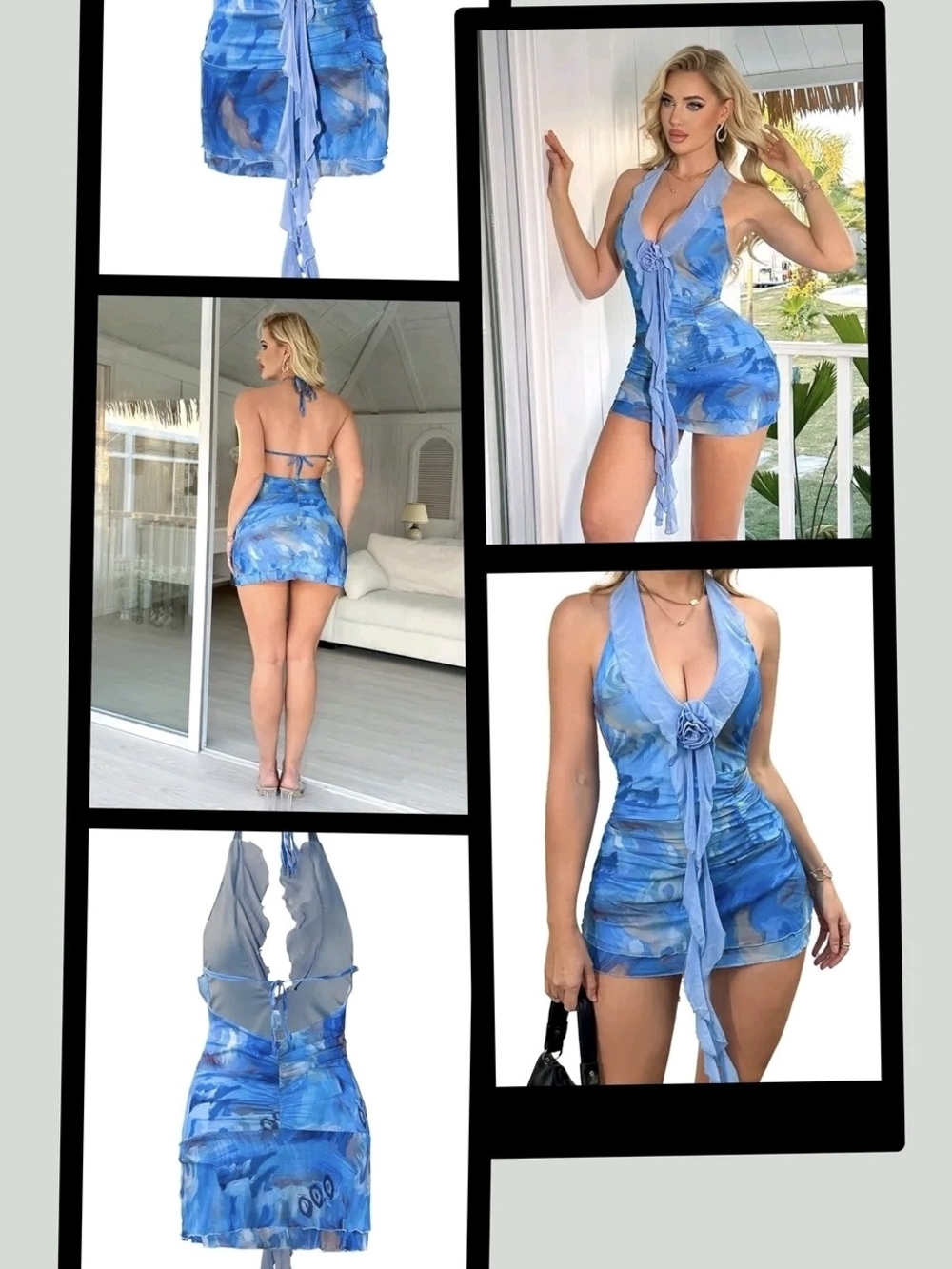 Women's Medium Halter Floral Ruffle Deep V-Neck w/Rosette Acce Mesh Mini Dress